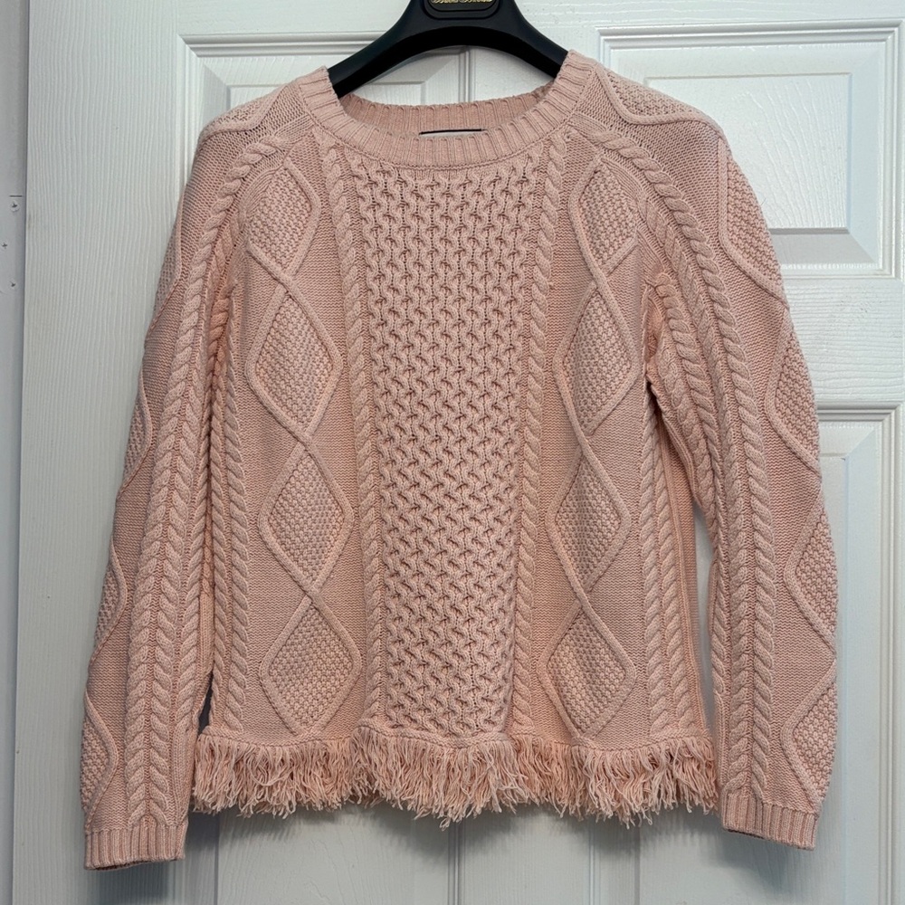 VTG NAF NAF Blush Rose Pink Cable-Knit Fringe Hem Sweater Jumper Women’s Size L